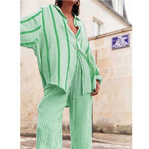 Green Striped Oversized Button Down Shirt Long Sleeve - Picture 4 of 8